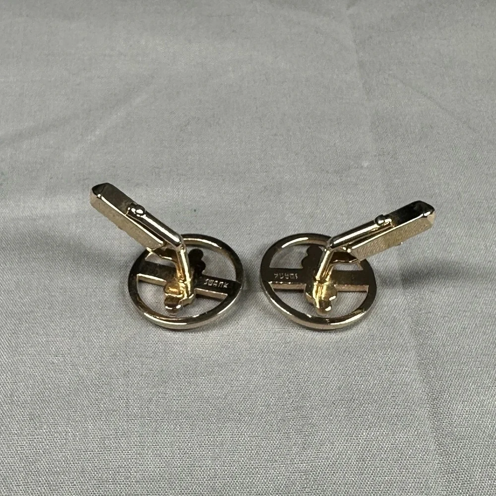 Vintage Swank Gold Tone Cufflinks Modernist Circle Bar‎ Design Mens Jewelry